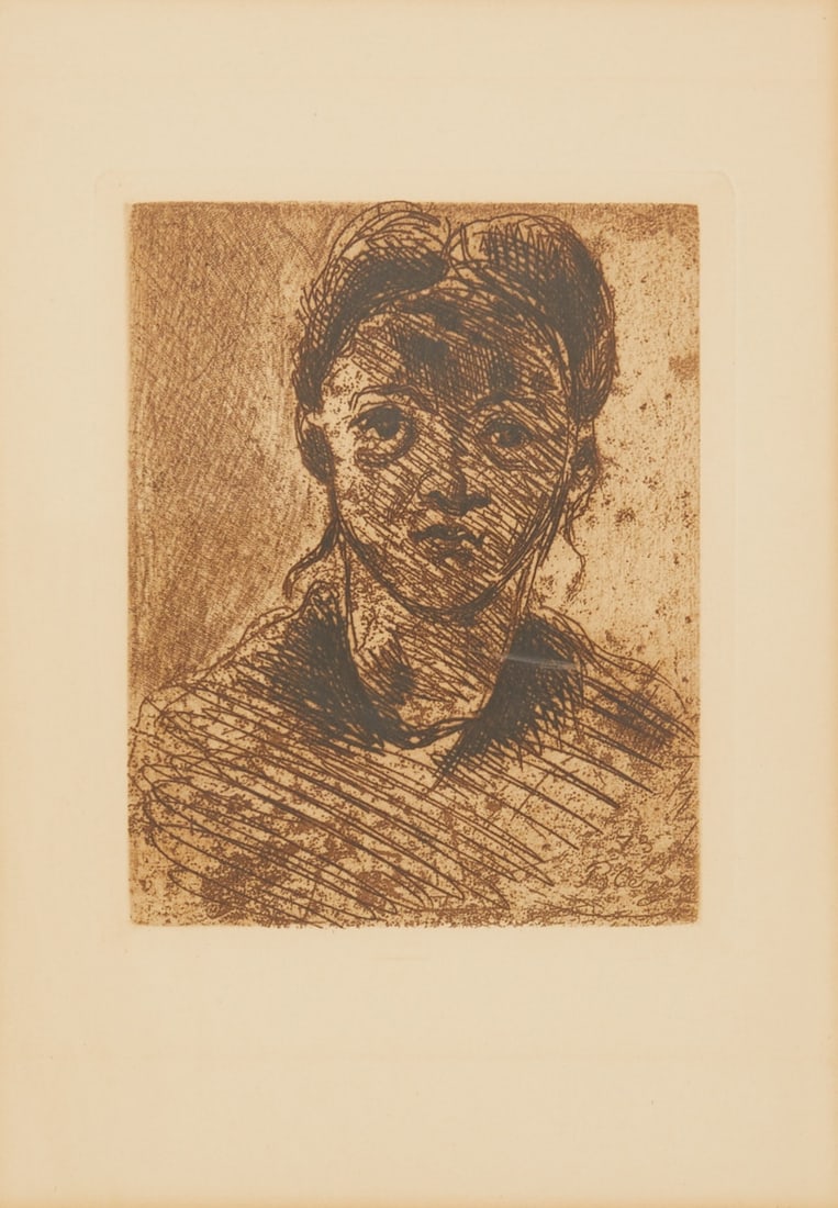 Paul C?©zanne: Paul Cézanne 1839 Aix-en-Provence - 1906 Aix-en-Provence - "Head of a young girl" - (1873) Etching/Paper. 13.2 x 10.7 cm, 21 x 15 cm (mat cutout). 49 x 39 cm (dimensions with frame).