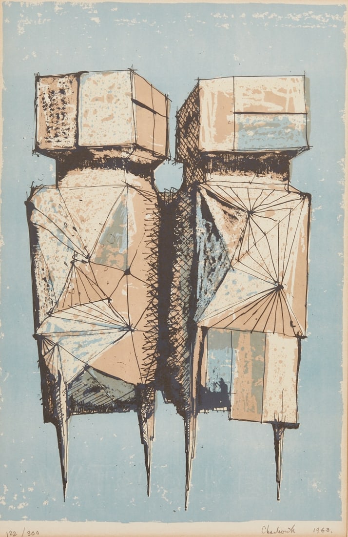 Lynn Chadwick: Lynn Chadwick 1914 London - 2003 Strout - "Watchers" - Color lithograph/paper. 122/300. 38 x 25 cm, 40 x 26 cm (mat cutout). 57 x 42 cm (dimensions with frame). Signed and dated lower