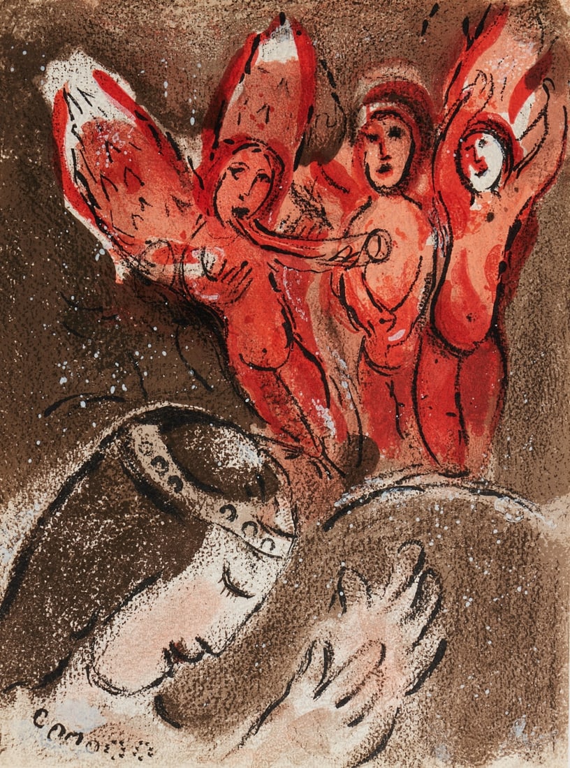Marc Chagall: Marc Chagall 1887 Vitebsk - 1985 St. Paul de Vence - "Sarah and the Angels" - (1956) Color lithograph/paper. 35.4 x 26.2 cm. The sheet is loose. - Lit.: Mourlot 240.