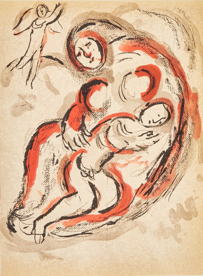 Marc Chagall: Marc Chagall 1887 Vitebsk - 1985 St. Paul de Vence - "Hagar in the Desert" - (1960) Color lithograph/paper. 35.5 x 26.3 cm. Verso with vignette 264 Mourlot. The sheet is loose. - Lit.: