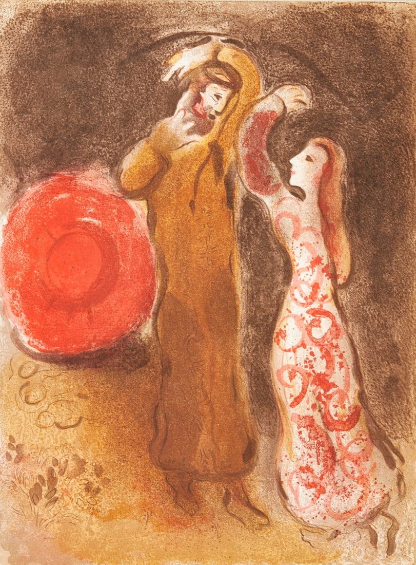 Marc Chagall: Marc Chagall 1887 Vitebsk - 1985 St. Paul de Vence - "Ruth's Meeting with Boaz" - (1960) Color lithograph/paper. 35.5 x 26.4 cm. Verso with vignette 270 Mourlot. The sheet is loose. - Lit.: