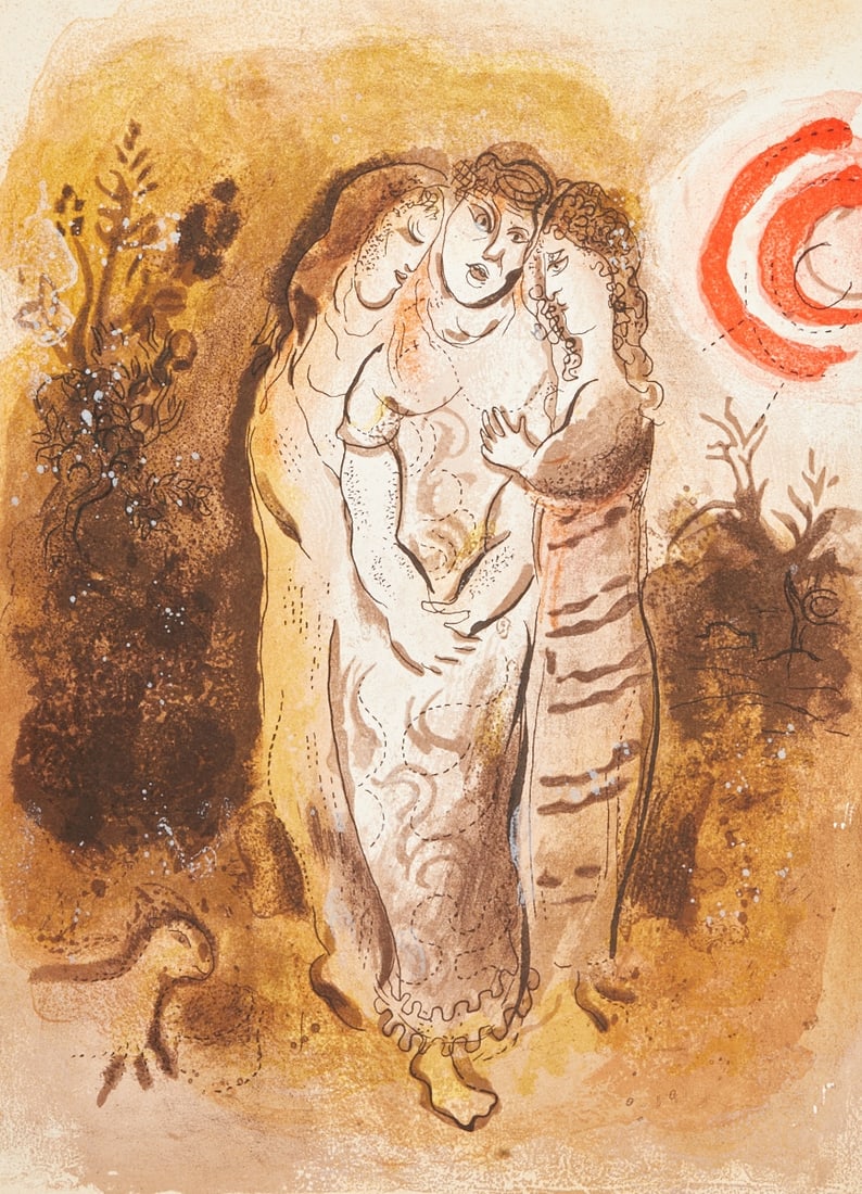 Marc Chagall: Marc Chagall 1887 Vitebsk - 1985 St. Paul de Vence - "Naomi and her Daughters-in-Law" - (1960) Color lithograph/paper. 35.5 x 26.4 cm. Verso with vignette 268 Mourlot. The sheet is loose. -