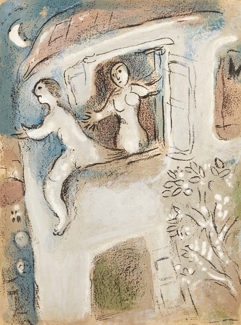 Marc Chagall: Marc Chagall 1887 Vitebsk - 1985 St. Paul de Vence - "Michal Rescues David" - (1960) Color lithograph/paper. 35.5 x 26.4 cm. Verso with vignette 273 Mourlot. The sheet is loose. - Lit.:
