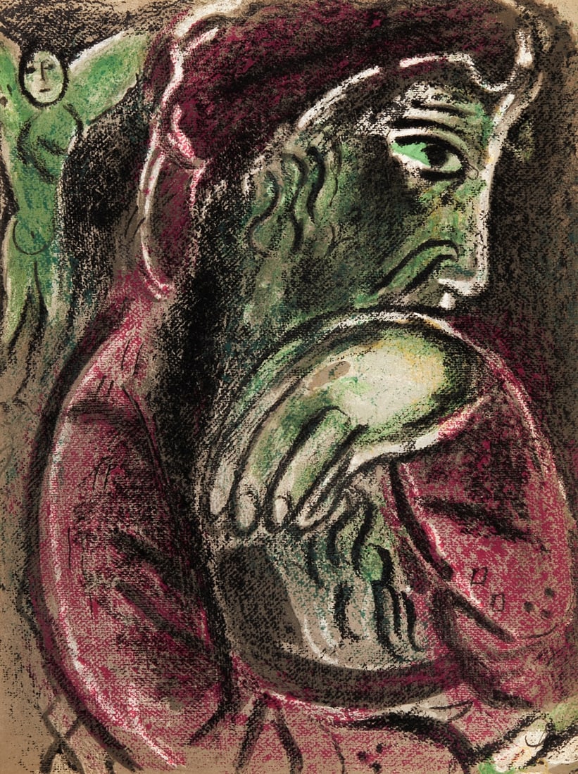 Marc Chagall: Marc Chagall 1887 Vitebsk - 1985 St. Paul de Vence - "Job in Despair" - (1960) Color lithograph/paper. 35.5 x 26.4 cm. Verso with vignette 277 Mourlot. The sheet is loose. - Lit.: Mourlot