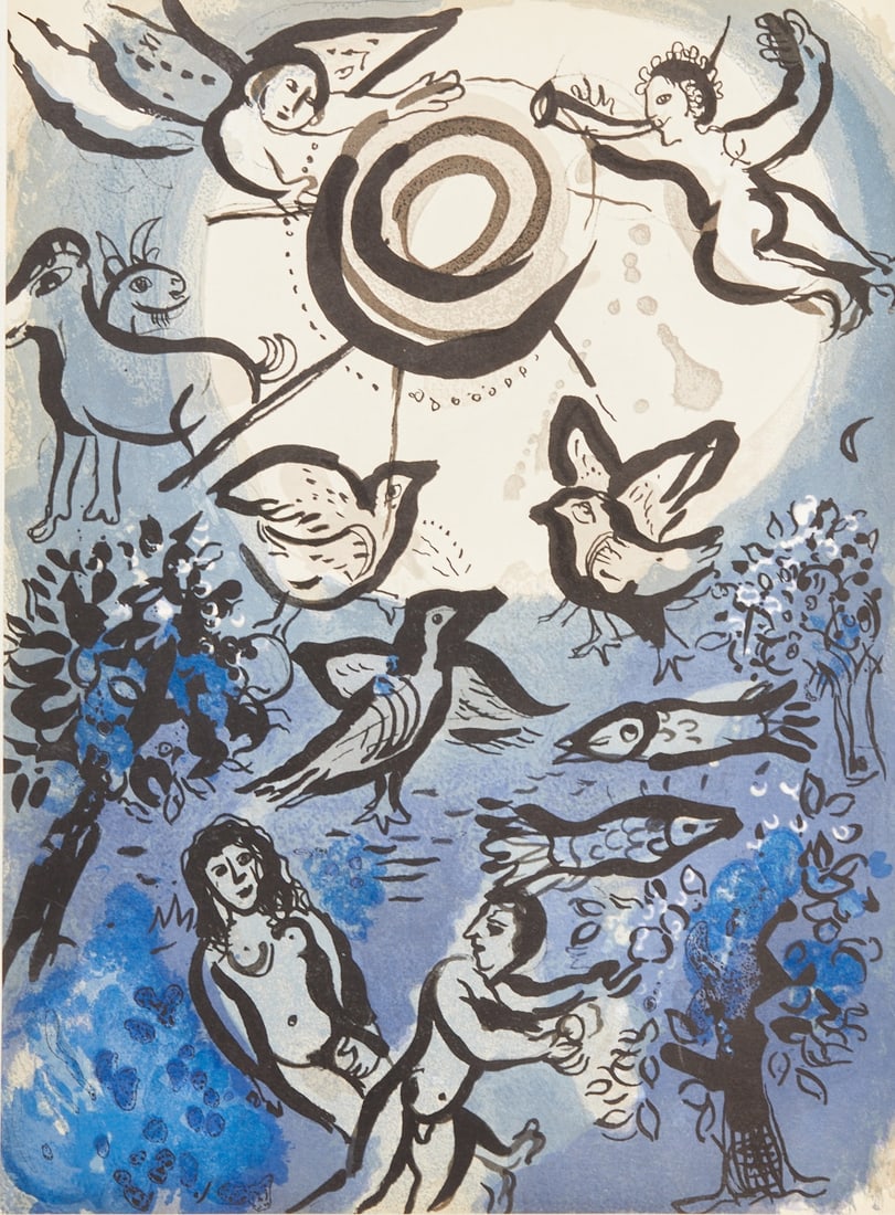 Marc Chagall: Marc Chagall 1887 Vitebsk - 1985 St. Paul de Vence - "Creation" - (1960) Color lithograph/paper. 35.5 x 26.4 cm. Verso with vignette 257 Mourlot. The sheet is loose. - Lit.: Mourlot 234.