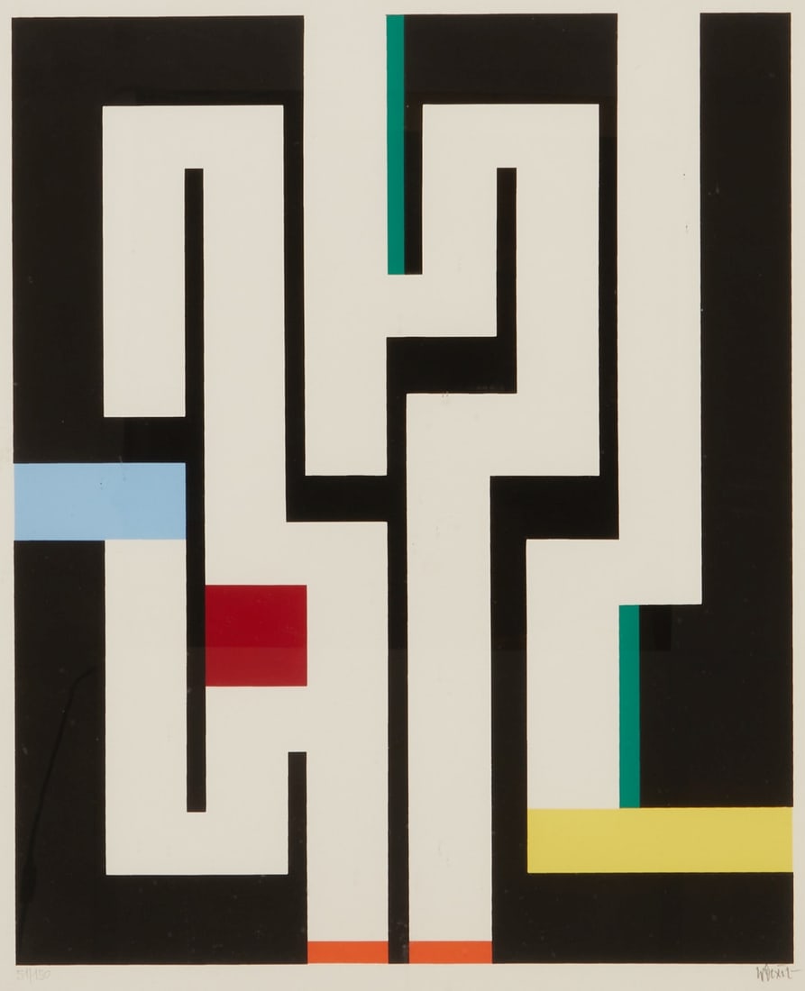 Walter Dexel: Walter Dexel 1890 Munich - 1973 Braunschweig - "White Signs" - (1971) Color serigraph/paper. 51/150. 51.7 x 42.4 cm, 70 x 60 cm (visible dimensions). 73 x 63 cm (dimensions with frame). Sign