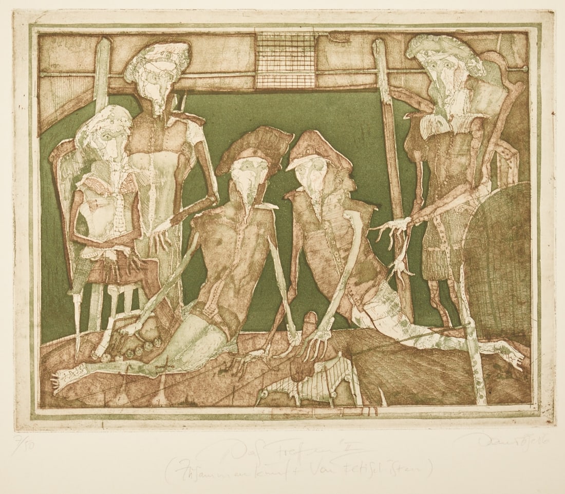 Wolfgang Domr?¶se: Wolfgang Domröse 1948 Neugattersleben - "The Meeting II" - (1986) Color etching/paper. 7/50. 30.6 x 39.4 cm, 39 x 53.5 cm. Signed and dated lower right: Domröse (19)86. Titled lowe