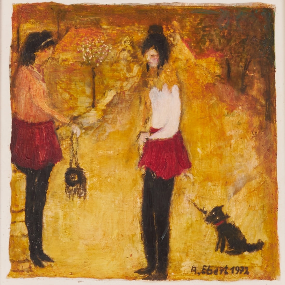 Albert Ebert: Albert Ebert 1906 Halle (Saale) - 1976 Halle (Saale) - "Two Girls with Dog" - (1972) Oil/hardboard. 12.2 x 11.7 cm (motif). 20.3 x 19.7 cm (size with frame). Signed and dated lower right: