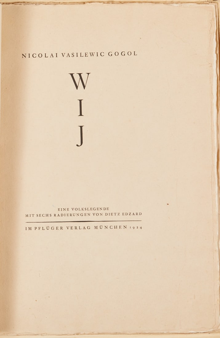 Dietz Edzard: Dietz Edzard 1893 Bremen - 1963 Paris - "Nikolai Vasilevich Gogol: WIJ" - (1924) A folk legend. Munich, Pflüger Verlag. Numbered special edition: 49/100. Cardboard portfolio with