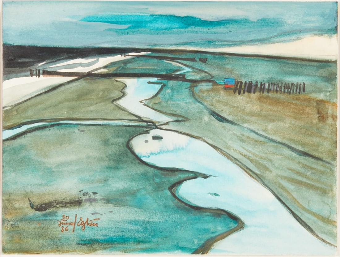 Otto Eglau: Otto Eglau 1917 Berlin - 1988 Kampen - "Wadden Sea Mood on Sylt" - (1986) watercolor/paper. 18 x 23.5 cm, 40.4 x 45.3 cm (dimensions with frame). Signed and dated lower left: 30. June