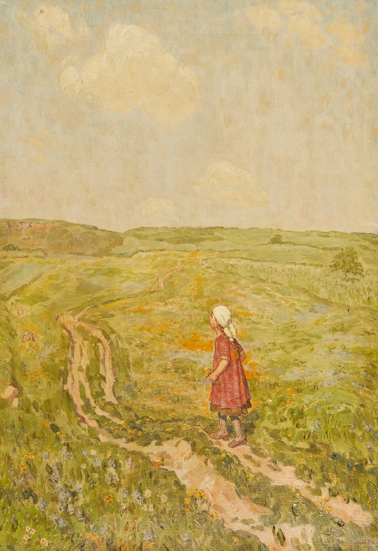Ernst Eimer: Ernst Eimer 1881 Groß-Eichen, Vogelsberg district - 1960 Backnang - Girl on a Country Path - (1922) oil/canvas. 69 x 48 cm. 79 x 58 cm (dimensions with frame). Signed and dated lower right: E.