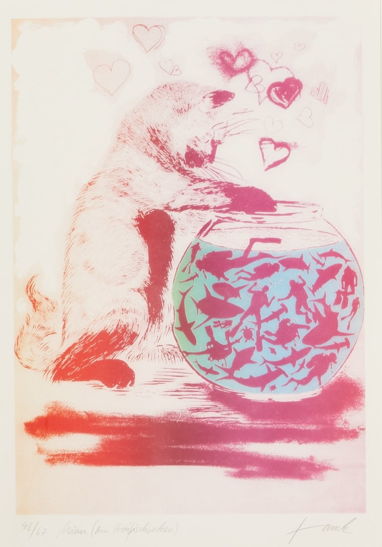 Patrick Fauck: Patrick Fauck 1970 Saarland - "Meow" (At the Shark Tank) - Collotype/paper. 48/67. 41 x 29 cm, 45.5 x 32 cm, 61 x 47.5 cm (frame size). Titled lower left: Miau (Am Haifischbecken). Signed