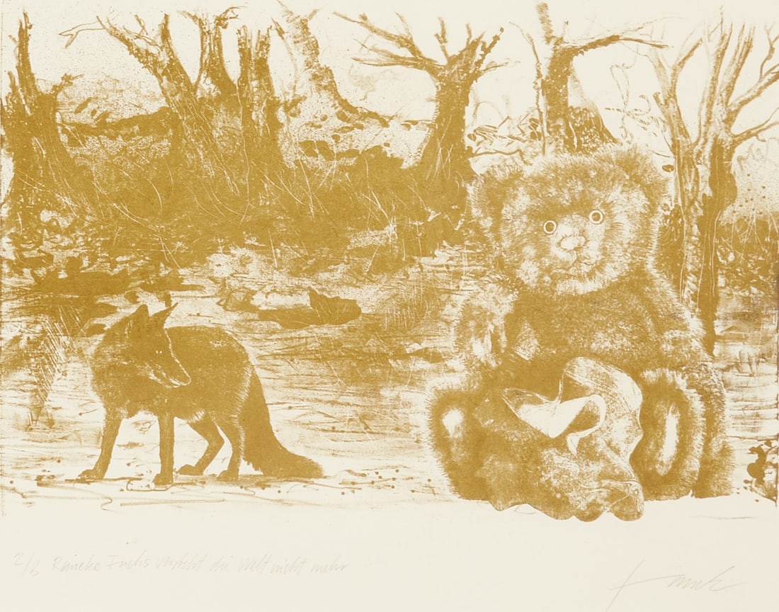 Patrick Fauck: Patrick Fauck 1970 Saarland - "Reynard the Fox no longer understands the world" - Lithograph/paper. 2/8. 28 x 40.5 cm, 36 x 46 cm (mat opening), 52.5 x 62.5 cm (frame size). Titled lower