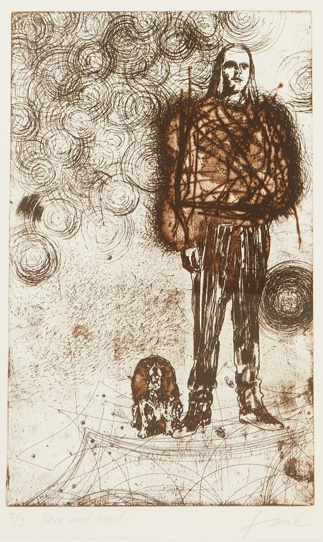 Patrick Fauck: Patrick Fauck 1970 Saarland - "Master and Dog" - Drypoint etching/paper. 2/3. 39 x 24.5 cm, 44 x 28 cm (mat opening), 62 x 46 cm (frame size). Titled lower left: Herr und Hund. Signed lower