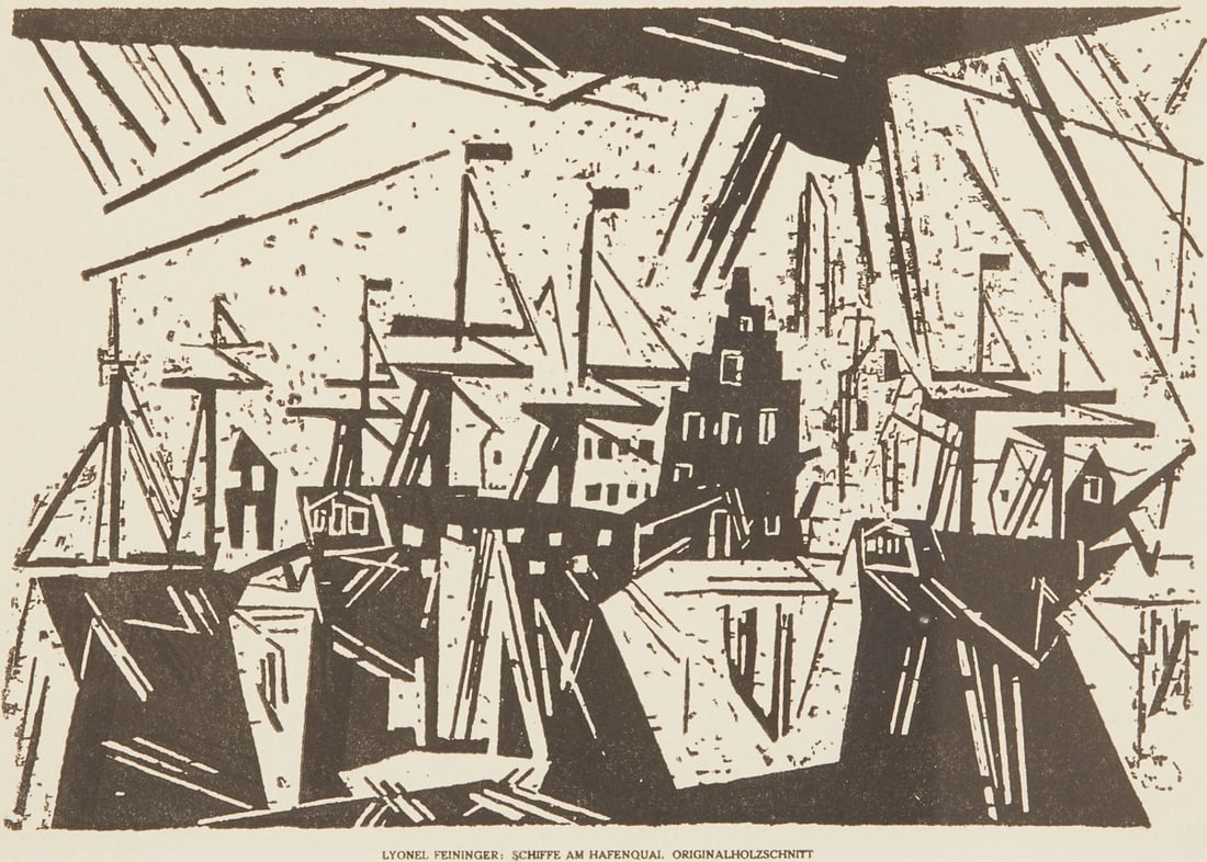 Lyonel Feininger: Lyonel Feininger 1871 New York - 1956 New York - "Ships at the Harbor Quay" - (1918) Woodcut/paper. 17.2 x 24.9 cm, 18.6 x 25.7 cm (mat opening). 33 x 43 cm (frame size). With the