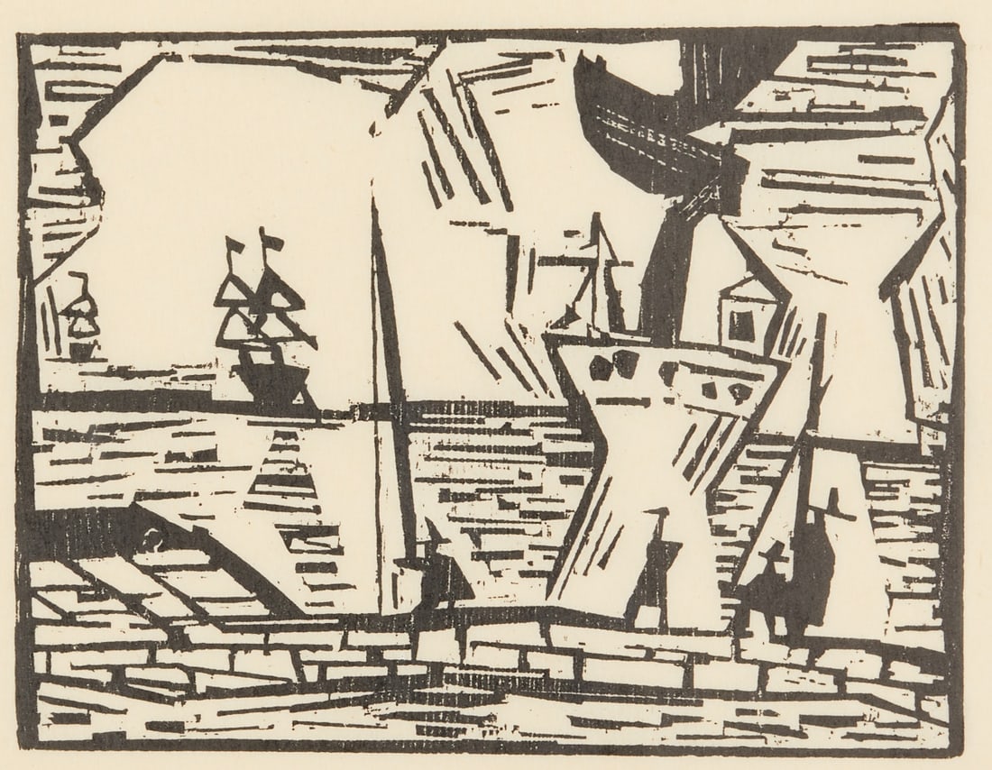 Lyonel Feininger: Lyonel Feininger 1871 New York - 1956 New York - "On the Quay Wall" - (1921) Woodcut/yellowish Japan paper. 16.8 x 21.8 cm, 20.8 x 25.8 cm (mount opening). 38 x 47 cm (dimensions with