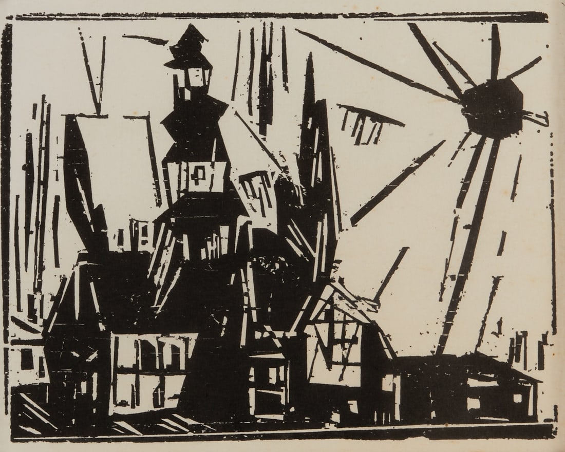 Lyonel Feininger: Lyonel Feininger 1871 New York - 1956 New York - "Troistedt" - (1919/1972) Woodcut/paper. 17.2 x 22.1 cm, 18.5 x 23 cm (mount opening). 33.5 x 38 cm (dimensions with frame). Mount. Framed un
