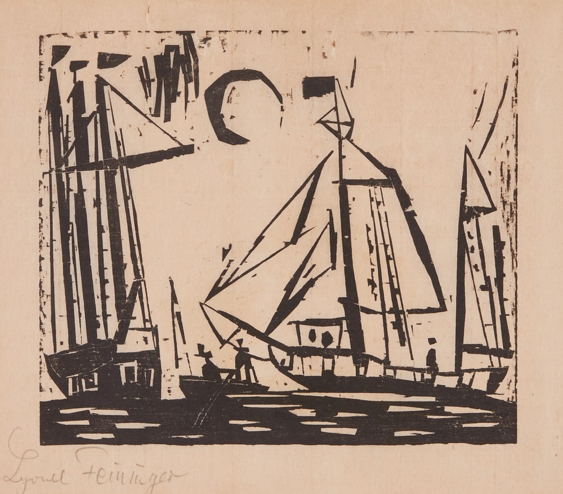 Lyonel Feininger: Lyonel Feininger 1871 New York - 1956 New York - "Sailboats (with Moon)" - (1919) Woodcut/Japan paper. 14.8 x 17 cm, 18 x 20.5 cm (mount opening). 31 x 34 cm (dimensions with frame). Signed 
