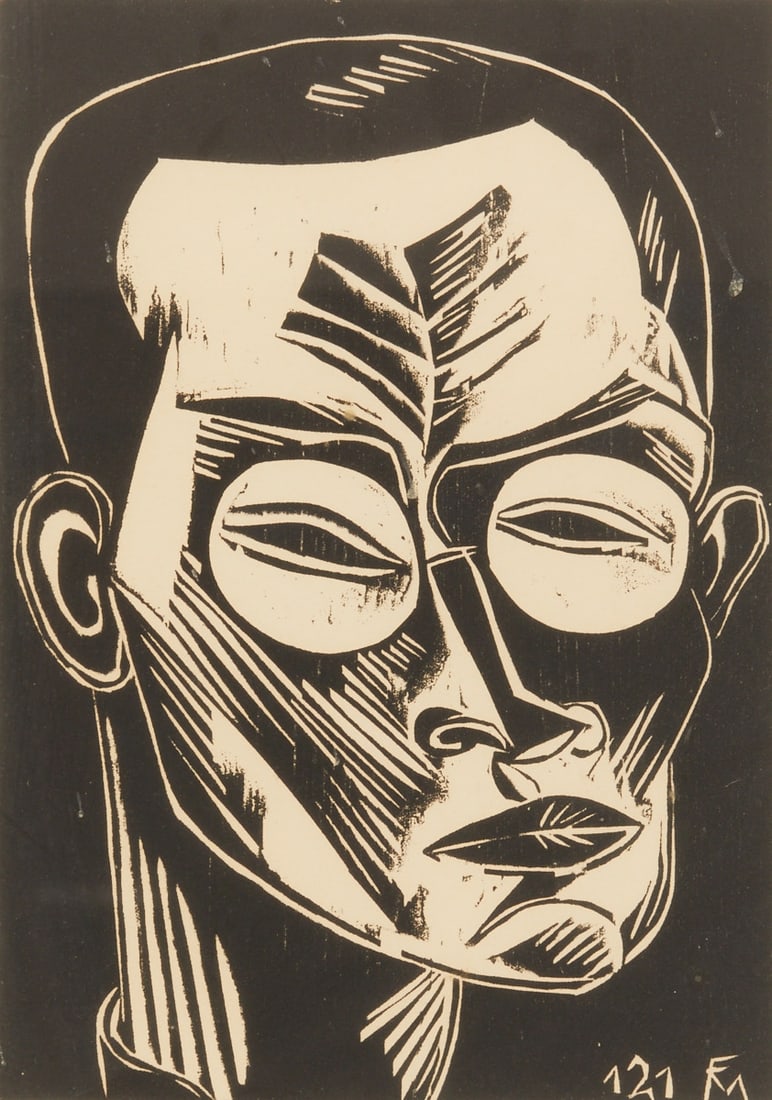 Conrad Felixm??ller: Conrad Felixmüller 1897 Dresden - 1977 Berlin - "Self-Portrait 1919" - Woodcut/paper. 24 x 16.7 cm, 26 x 19 cm (mount opening). 42 x 36 cm (dimensions with frame). Numbered and monogram