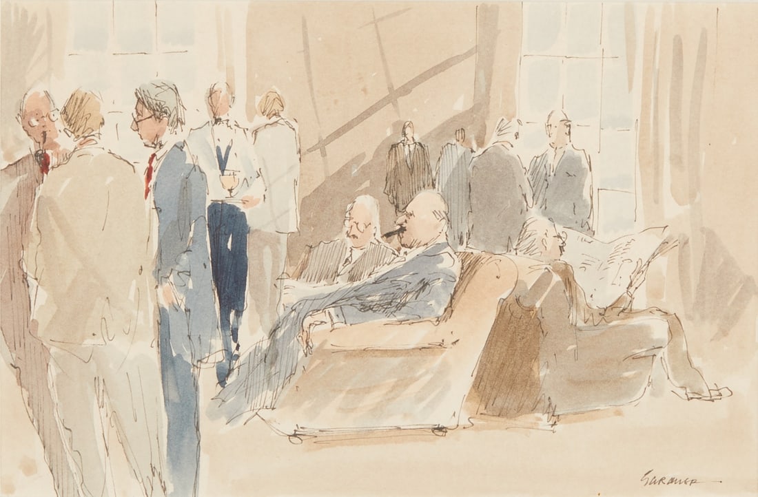 Philip Gardner: Philip Gardner 1922 - 1986 - "Pall Mall Politics" - Watercolor/paper. 15 x 22 cm (mount cut-out). 31 x 37 cm (size with frame). Signed lower right: GARDNER. On the reverse of the frame with 