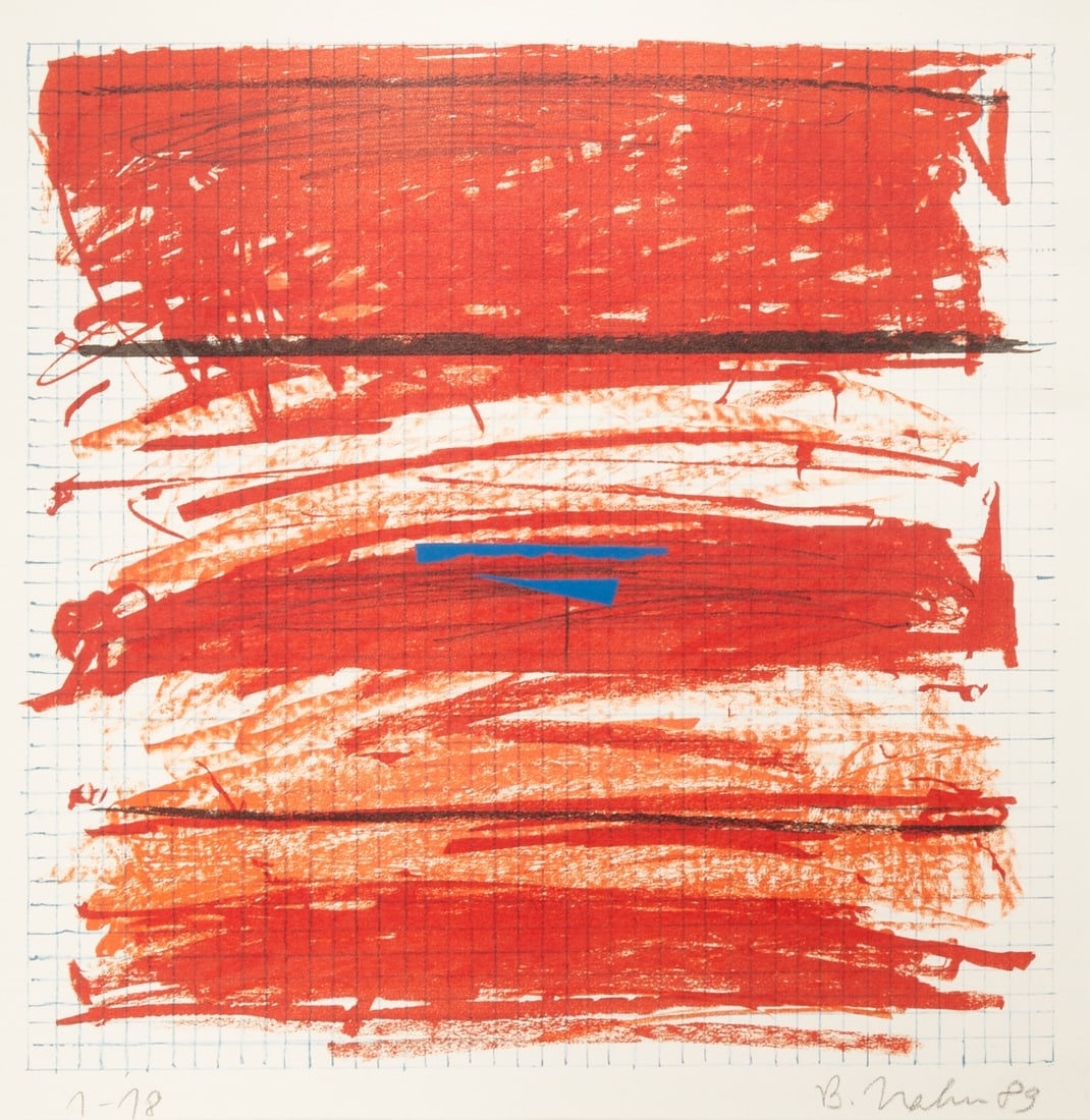 Bernd Hahn: Bernd Hahn 1954 Neustadt/Saxony - 2011 Burgst?¤dtel near Dohna - "Red Bars in front of Grid" - (1989) Color offset print and serigraphy/paper. 1/18. 44.1 x 44.1 cm, 52.5 x 67.5 cm, 73 x 73 cm (dimens