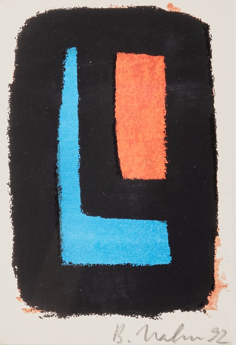 Bernd Hahn: Bernd Hahn 1954 Neustadt/Sachsen - 2011 Burgstädtel bei Dohna - L plus Square - (1992) Color silkscreen/paper. 18 x 12 cm, 20 x 13.5 cm (passe-partout cutout), 31 x 25 cm (size with frame).