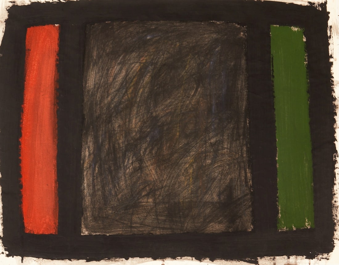 Bernd Hahn: Bernd Hahn 1954 Neustadt/Sachsen - 2011 Burgstädtel near Dohna - Composition with Red and Green - (1986) Gouache/paper. 49 x 63 cm (sheet size). Signed and dated lower right: B. Hahn (19)86. The