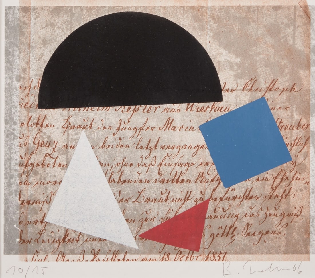 Bernd Hahn: Bernd Hahn 1954 Neustadt/Sachsen - 2011 Burgstädtel near Dohna - Geometric Composition - (2006) color serigraph/paper. 10/15. 15 x 17.5 cm (mat opening). 25 x 31 cm (dimensions with frame).