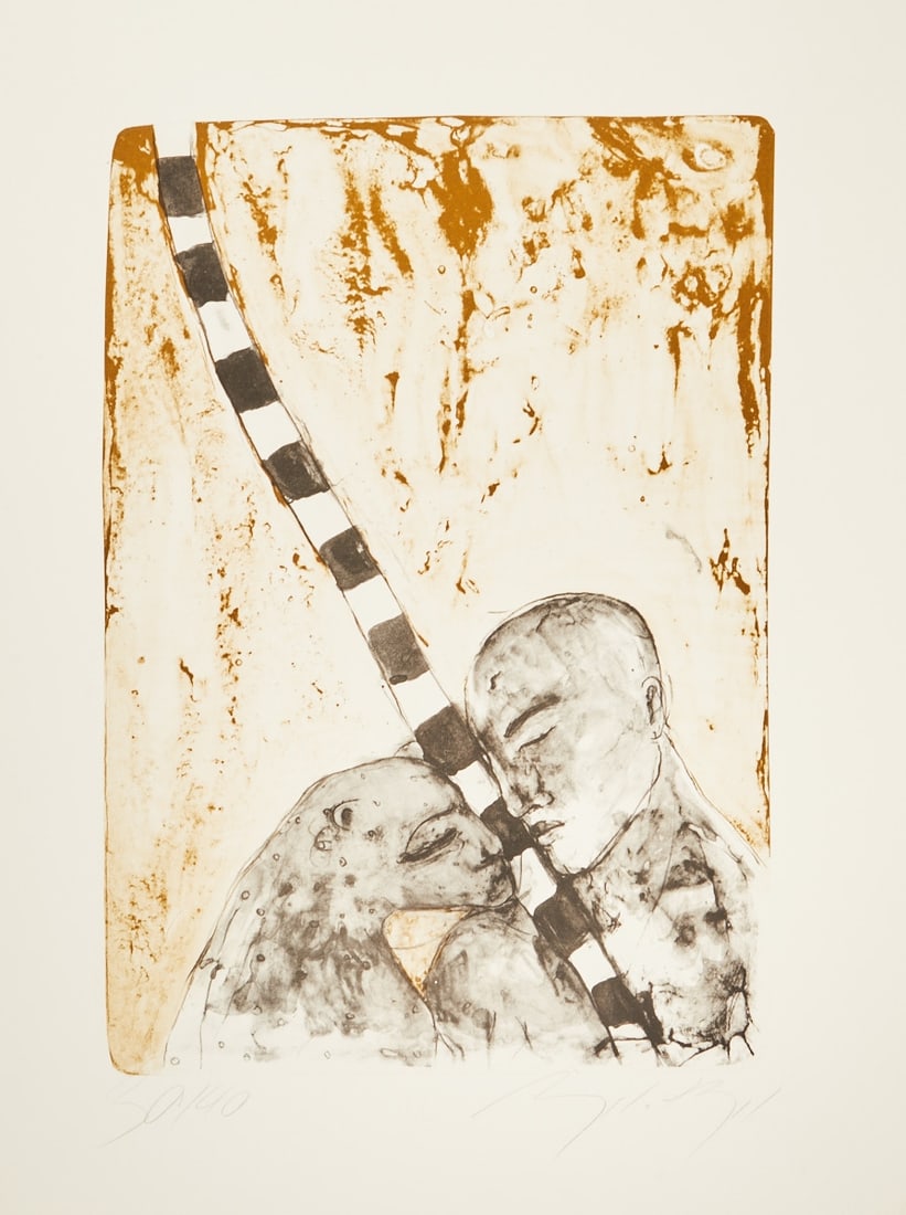 Angela Hampel: Angela Hampel 1956 Räckelwitz - Man with an animal - Color lithograph/paper. 30/40. 54.3 x 37.5 cm, 71 x 54 cm. Signed lower right: A. Hampel. The sheet is loose. Mat.