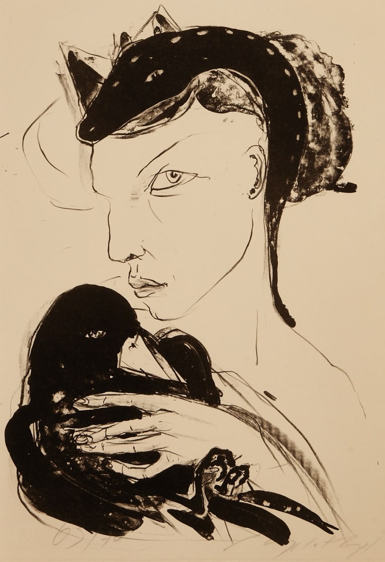 Angela Hampel: Angela Hampel 1956 Räckelwitz - Woman with Lizard and Raven - Lithograph/paper. 63/70. 52 x 36 cm, 55 x 37.5 cm. Signed lower right: Angela Hampel. The sheet is loose.