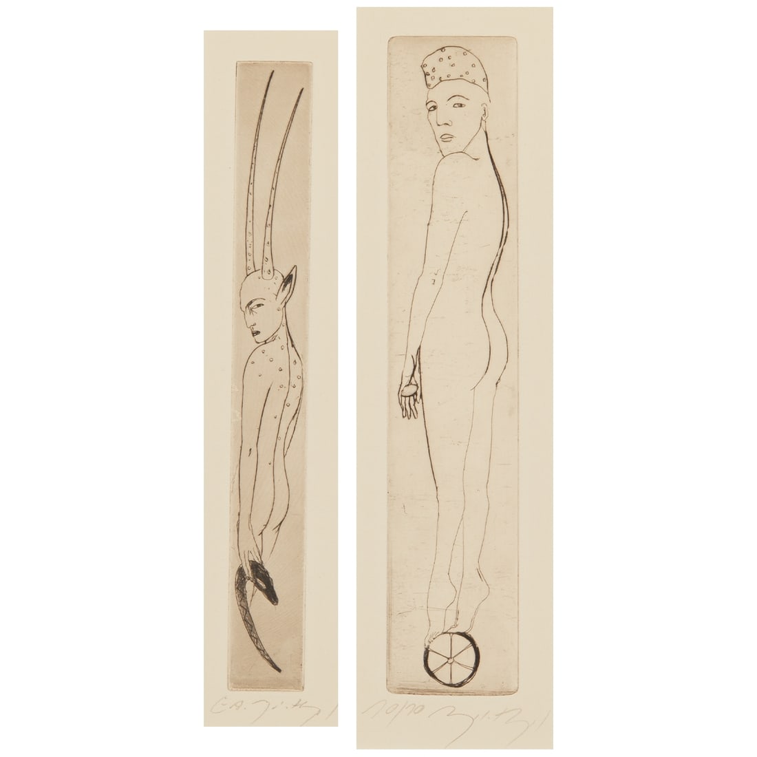 Angela Hampel: Angela Hampel 1956 Räckelwitz Convolute - Male Nude at the Ball - Etching/Paper. 10/10. 24.5 x 5 cm, 35.5 x 18 cm. Signed lower right: Angela Hampel. The sheet is loose. Passepartout. - Horned