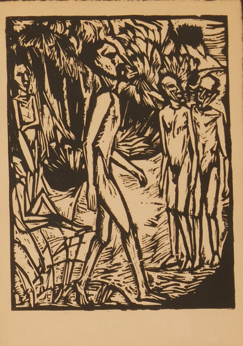 Erich Heckel: Erich Heckel 1883 Döbeln - 1970 Radolfzell - "Men on the Beach" - (1919) Woodcut/paper. 17.5 x 13.3 cm, 31 x 25.5 cm (dimensions with frame). Passepartout. Framed under glass.