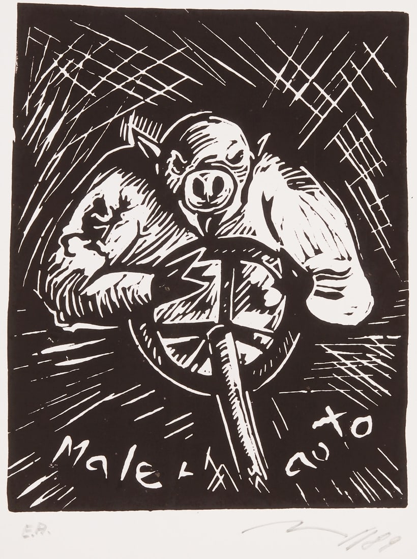 J?¶rg Immendorff: J?¶rg Immendorff 1945 Bleckede near L??neburg - 2007 D??sseldorf - "Painter's Car" (1989) Linocut/paper. E. A. 30.5 x 24.2 cm, 42.5 x 33.5 cm Signed and dated lower right: Immendorff 1989. The sheet 