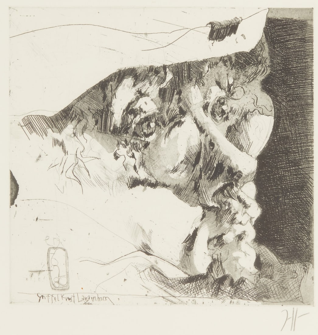 Horst Janssen: Horst Janssen 1929 Hamburg - 1995 Hamburg - "Griffelkunst Langenhorn" - (1980) etching/paper. 19.2 x 19.7 cm, 24 x 23.5 cm (mount opening). 45 x 42 cm (dimensions with frame). Monogrammed