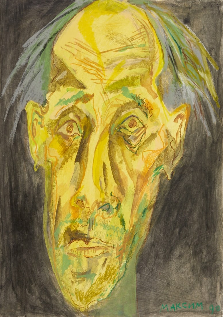 Maxim Kantor: Maxim Kantor 1957 Moscow - Portrait of a Man - (1992) Mixed media/cardboard. 70.8 x 50 cm. 94 x 71 cm (dimensions with frame). Signed and dated lower right: MAKC?M (19)90. Mat. Fully visible framed