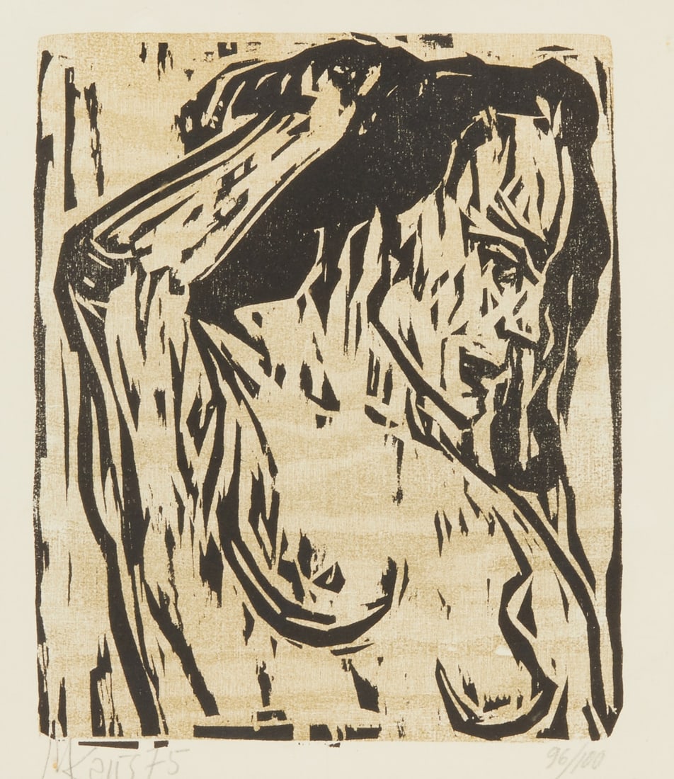 Max Kaus: Max Kaus 1891 Berlin - 1977 Berlin - Female semi-nude - color woodcut/paper. 96/100. 19 x 16 cm, 21.5 x 19 cm (passe-partout cutout). 38 x 33 cm (dimensions with frame). Signed and dated lower left: