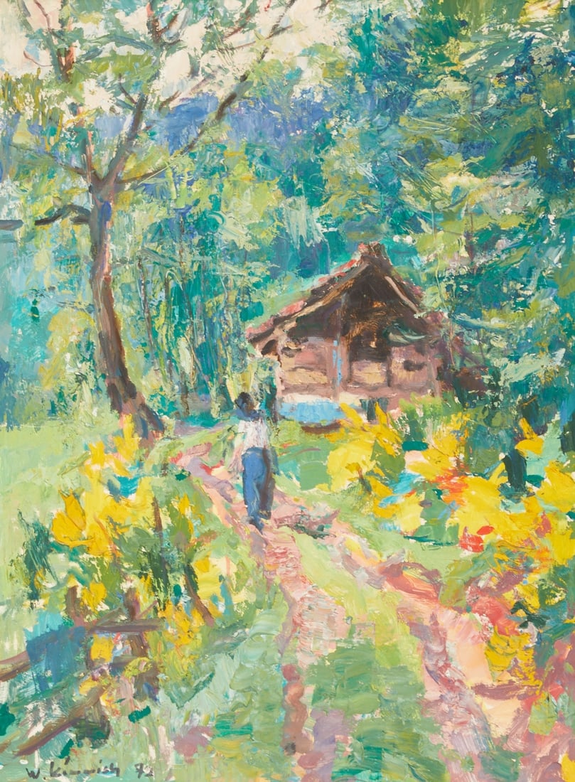 Wilhelm Kimmich: Wilhelm Kimmich 1897 Lauterbach - 1986 Lauterbach - Summer landscape with house - (1972) oil/hardboard. 68.7 x 51.4 77.5 x 60.2 cm. Signed and dated lower left: W. Kimmich (19)72. Reverse with