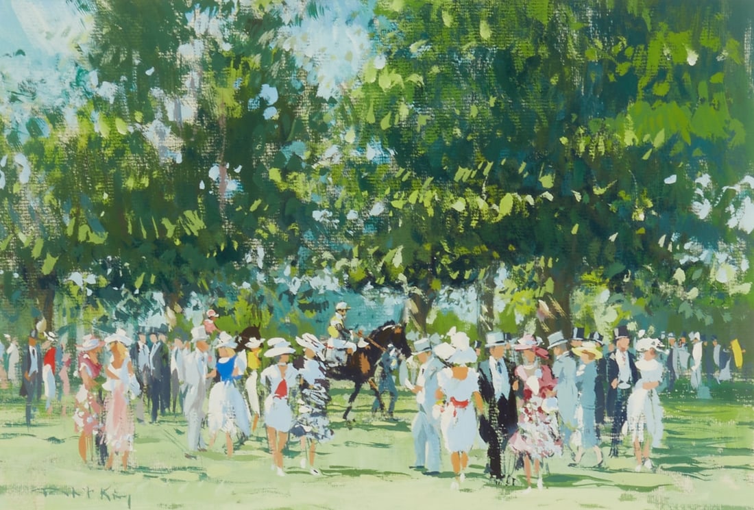 Robert King: Robert King 1936 Leicester - Ascot - Gouache/paper. 20.5 x 29.5 cm (mat cut-out). 54 x 61 cm (dimensions with frame). Signed lower left: Robert King. On the reverse of the frame with label