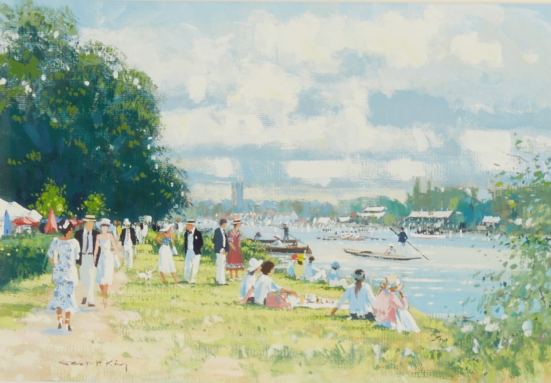 Robert King: Robert King 1936 Leicester - Henley Regatta - Gouache/paper. 19.5 x 29 cm (mat cut-out). 54 x 61 cm (dimensions with frame). Signed lower left: Robert King. On the reverse of the frame with label