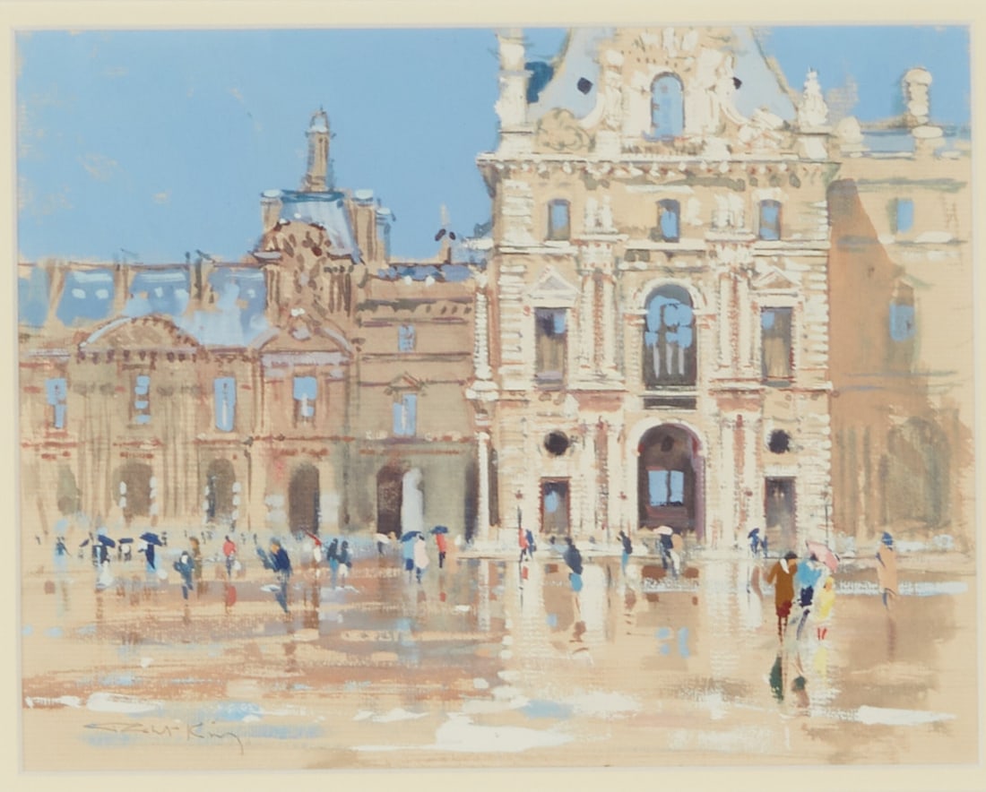 Robert King: Robert King 1936 Leicester - St. Mark's Square in Venice - Gouache/paper. 17 x 22 cm (mat cut-out). 51 x 54 cm (dimensions with frame). Signed lower left: Robert King. On the reverse of the frame