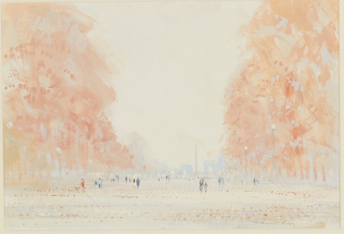 Robert King: Robert King 1936 Leicester - Jardin des Tuileries (Tuileries Garden) - Gouache/paper. 20.5 x 30 cm (mat cut-out). 54 x 61 cm (dimensions with frame). Signed lower right: Robert King. On the reverse