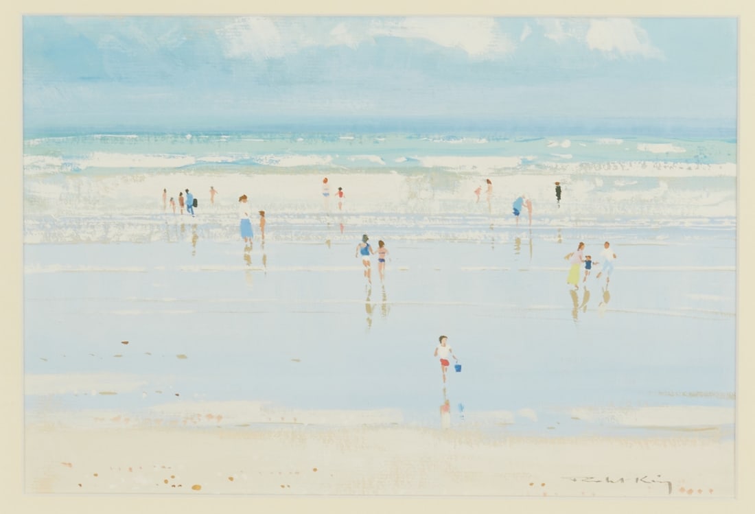Robert King: Robert King 1936 Leicester - Summer Holidays - Gouache/paper. 20 x 30 cm (mat cut-out). 54 x 61 cm (dimensions with frame). Signed lower right: Robert King. Mat. Framed under glass (glass defective).