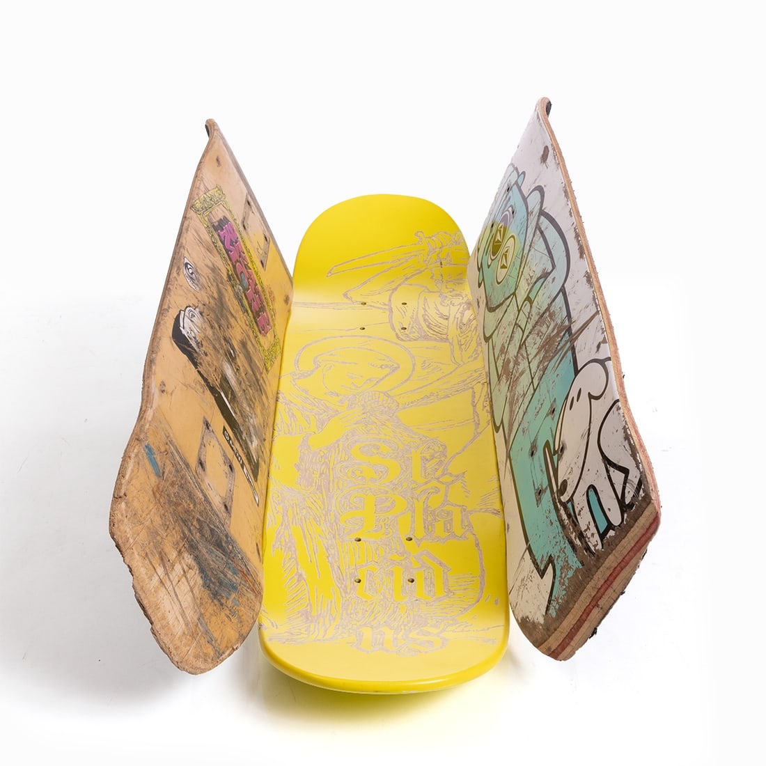 Ulrich Kochinke: Ulrich Kochinke 1972 - "House Altar St. Placidus" - (2014) Engraving on yellow lacquered skateboard deck. Used skateboard decks on the sides (screwed on the back with metal brackets). 80 x