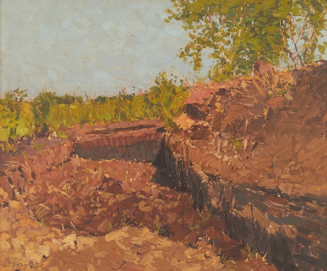 Robert Koepke: Robert Koepke 1893 Bremen - 1968 Frankenburg - Peat Cutting - Oil/Brisol cardboard. 31.2 x 38.5 cm. 53 x 59.5 cm (dimensions with frame). Signed lower left: R. Koepke. Verso with work number: RK 163.