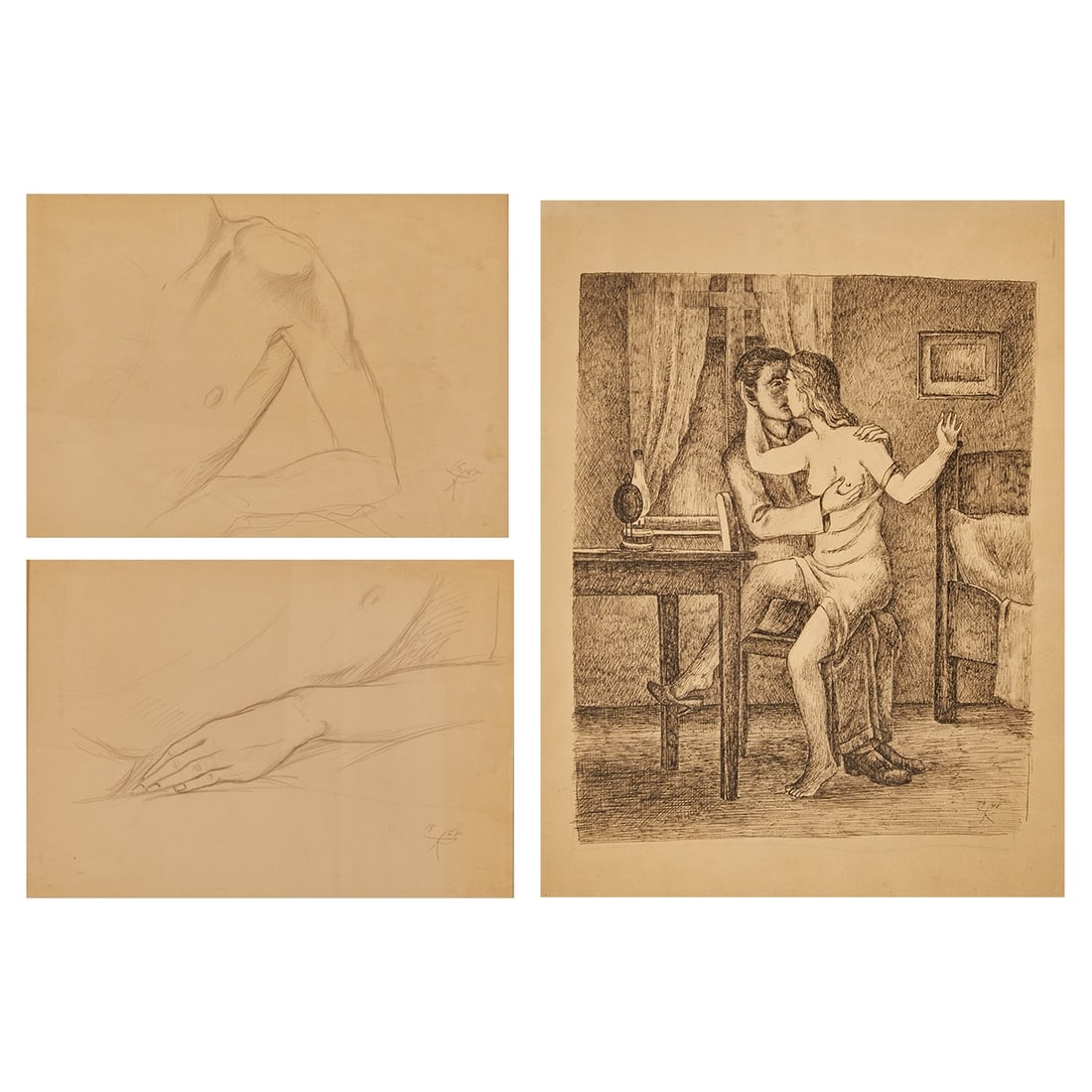 Fritz K?¶the: Fritz K?¶the 1916 Berlin - 2005 Berlin Portfolio - Love scene - (1948) Ink/paper. 38.5 x 29 cm (mat cutout). 53 x 43 cm (dimensions with frame). Monogrammed and dated lower right: K 1948. Mat.
