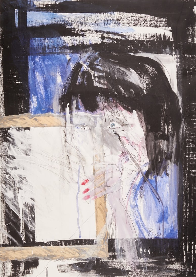 Artists of the 20th Century: Artists of the 20th Century - Head - (1986) Mixed media and collage/paper. 82 x 58 cm (passe-partout cutout). 101 x 71 cm (dimensions with frame). Monogrammed and dated lower right: Fn. (19)86. Passe-