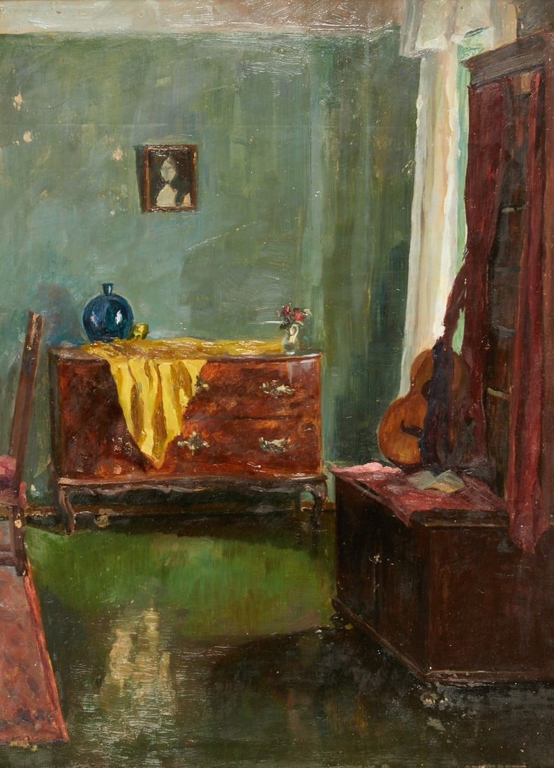 Artists of the 20th Century.: Artists of the 20th Century - Interior with Guitar - Oil/hardboard. 52 x 378.5 cm, 63.5 x 49.5 cm (dimensions with frame). Frame. Minimal paint losses.