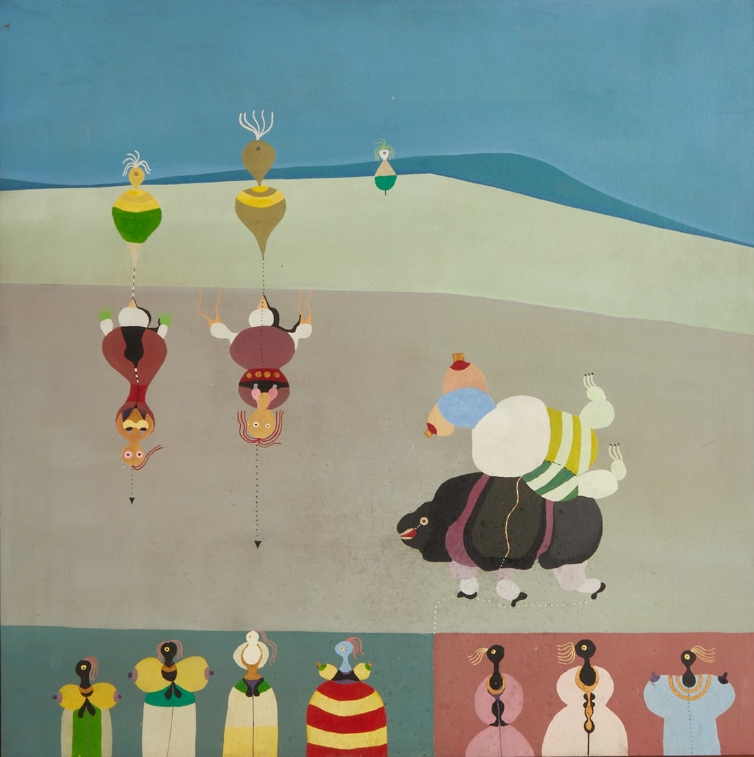 20th Century Artist: 20th Century Artist - Surrealist Figures - Oil/Canvas on hardboard. 58 x 58 cm. 62 x 62 cm (dimensions with frame). Frame. Slightly soiled.
