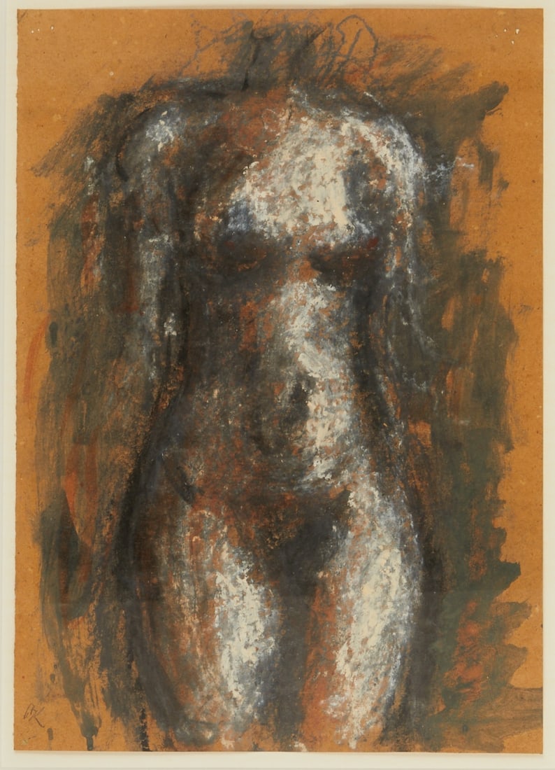 20th Century Artist: 20th Century Artist - Female Nude - Mixed media/Paper. 41.5 x 29.5 cm, 66.5 x 53.5 cm (dimensions with frame). Monogrammed lower left: OK. Passe-partout. Framed under glass. Holes from nails in the up