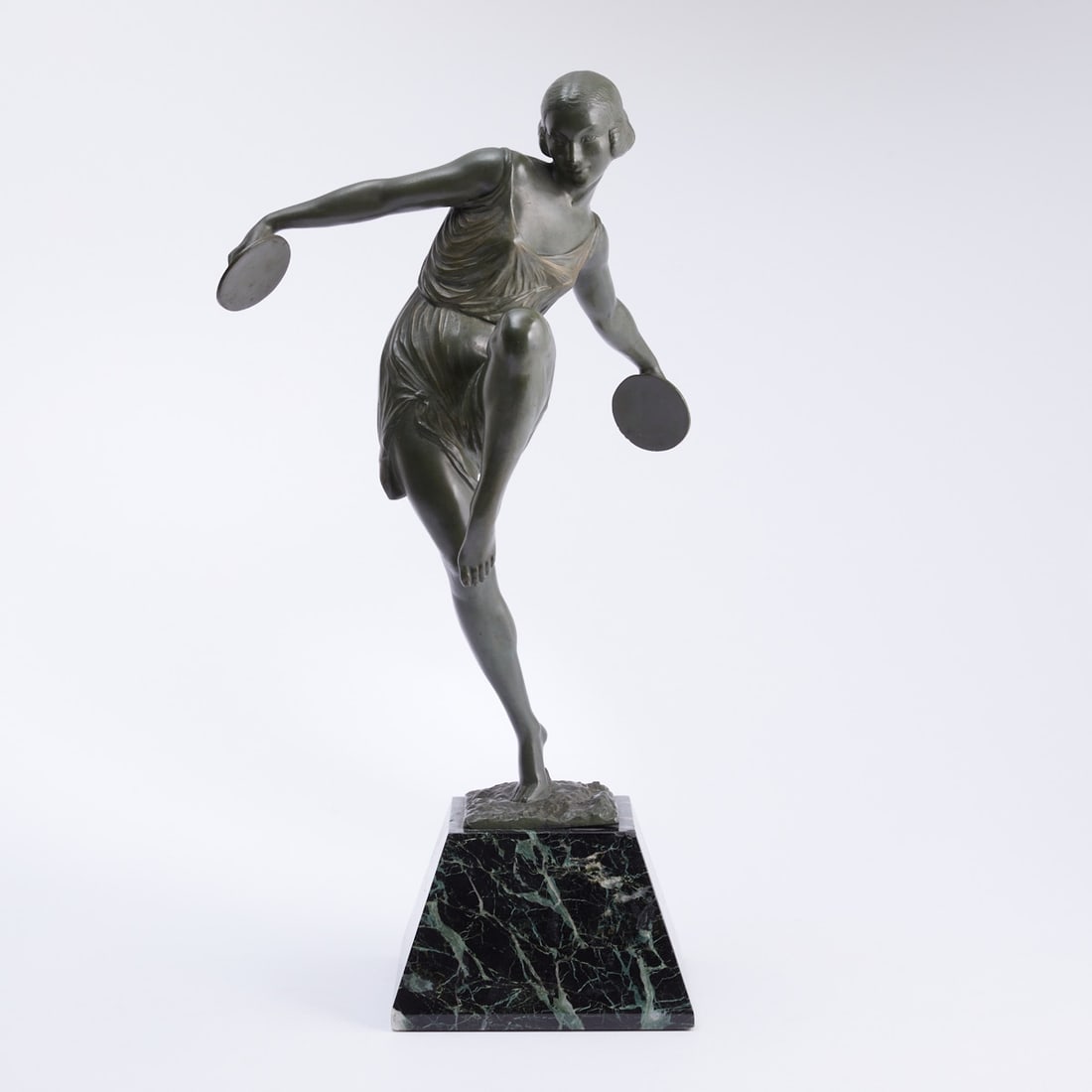 Pierre Le Faguays: Pierre Le Faguays 1892 Nantes - 1962 Paris - Art Deco Dancer with Bells - White metal. Green patinated. Marble. H. w./wo. base 40/50.5 cm. Signed on the plinth: Fayral, France. Damaged.